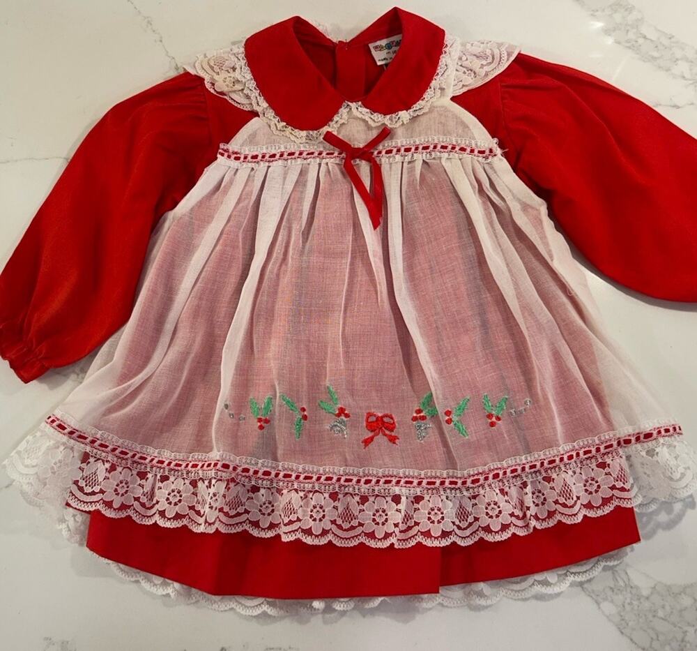 Vtg Mayfair baby girls red white Christmas embroidered Lace pinafore dress 18M